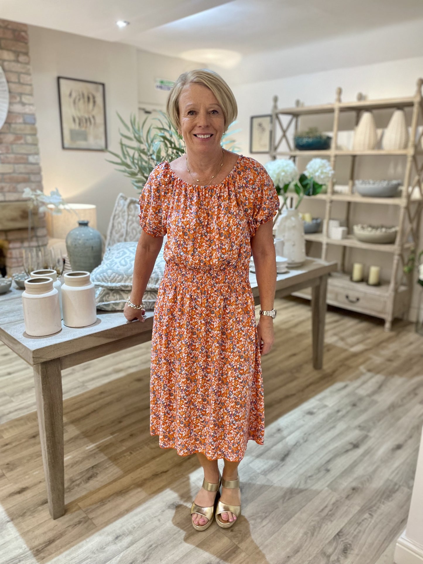 Orange Ditzy Print Midi Dress - size 14-18