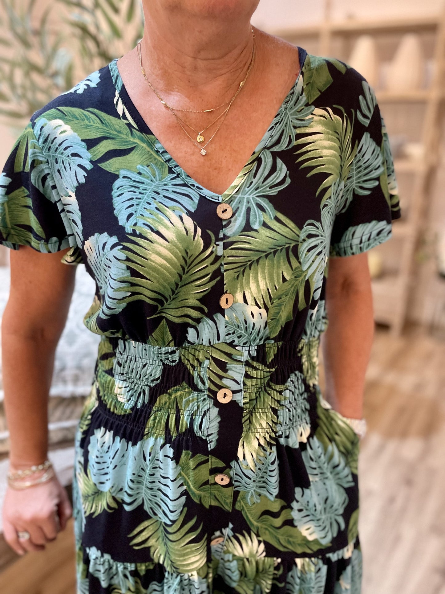 Green & Blue Leaf Print Button Midi Dress