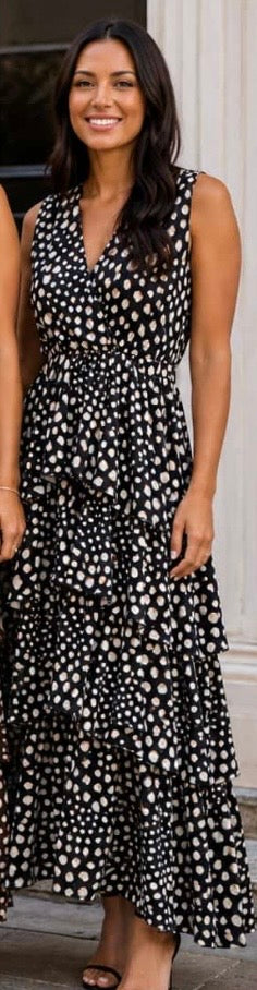 Black Tonal Print Sleeveless Frilled Dress
