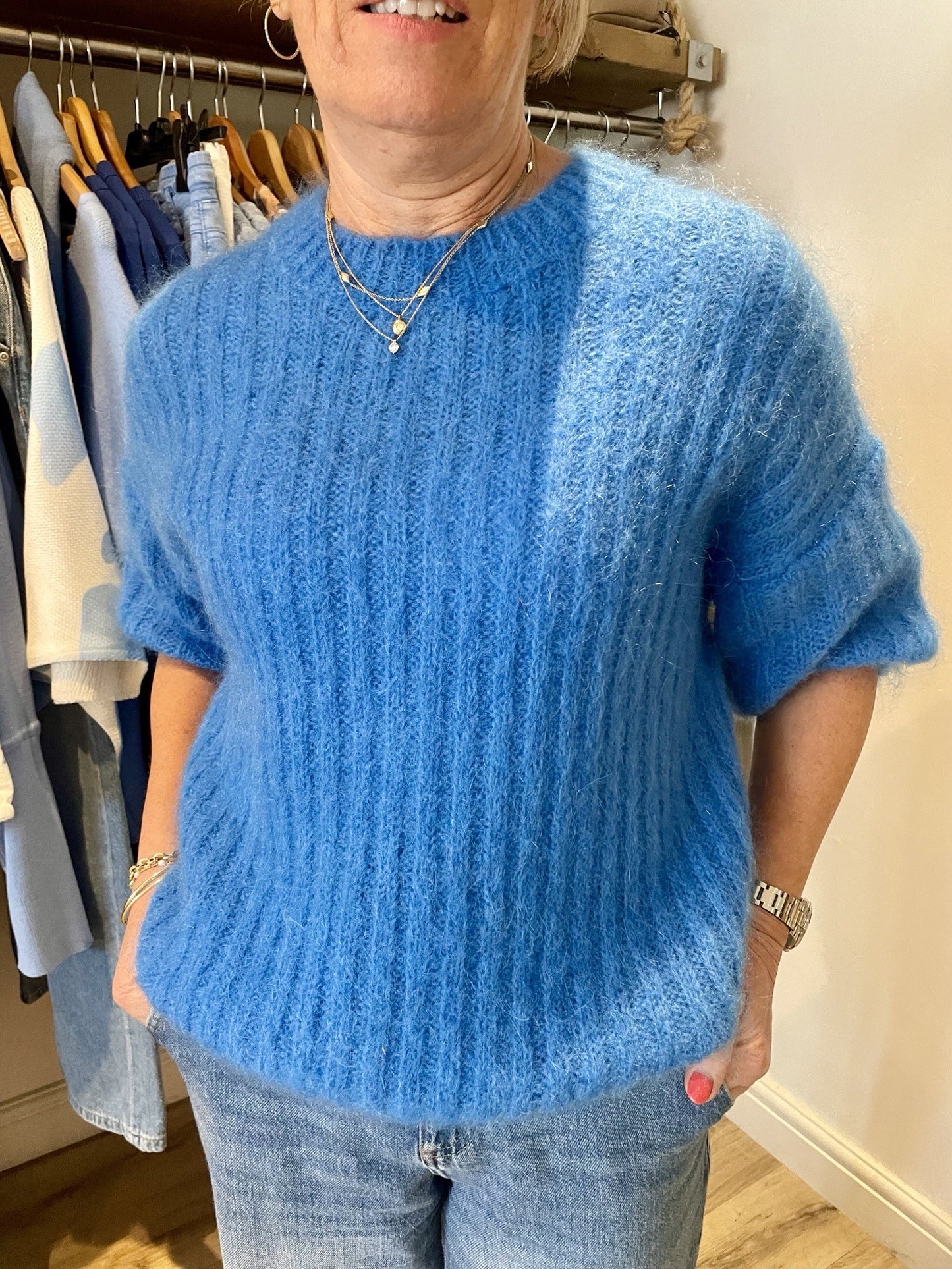 Cobalt Blue Ribbed Kid Mohair Knit Jumper