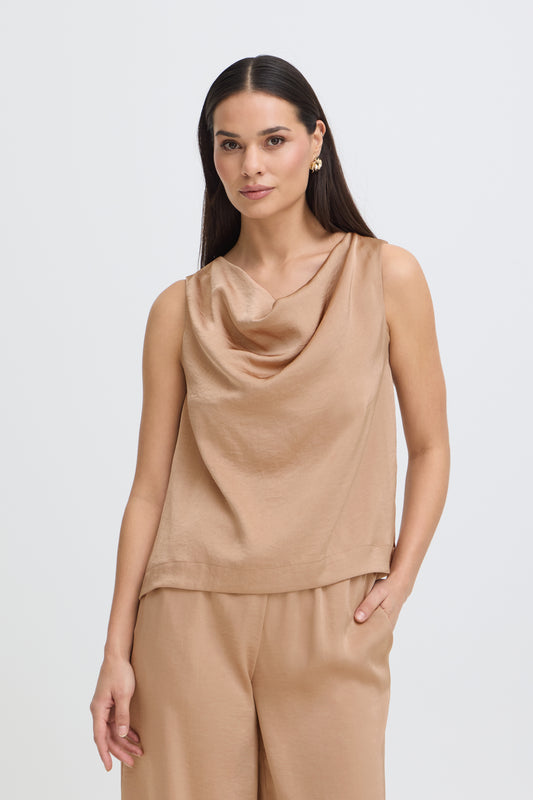 Sleeveless Cowl Neck Satin Blouse