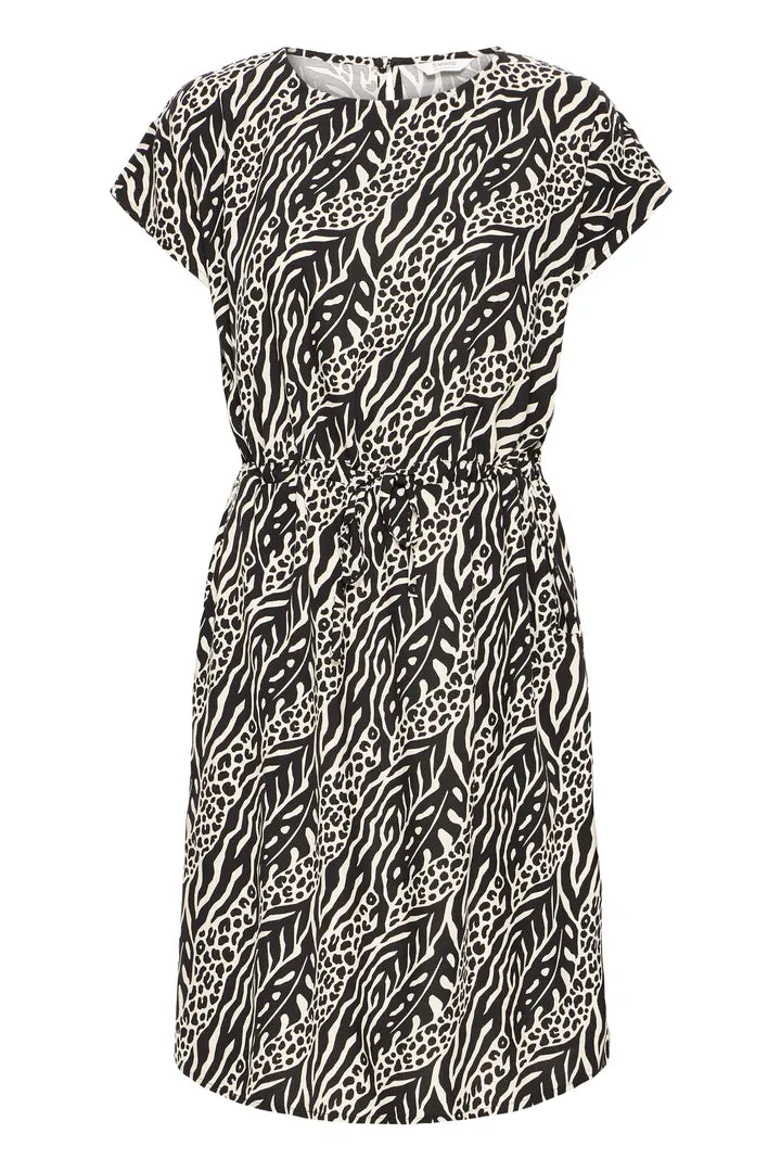 Black & Cream Print Joella Boat Neck Dress