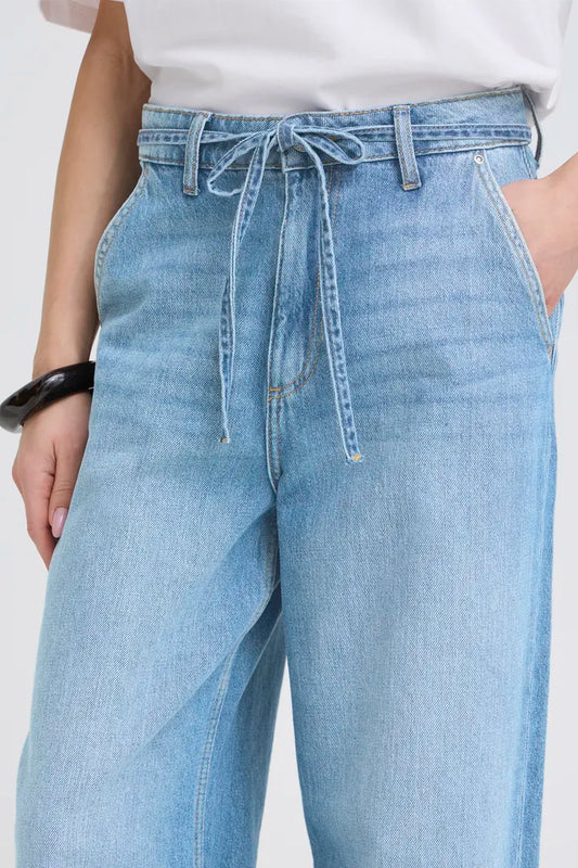 Kimu Wide Leg Mid Blue Denim Jeans with Belt