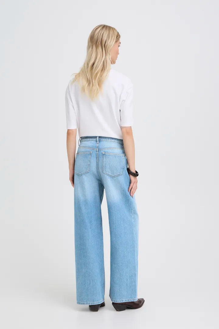 Kimu Wide Leg Mid Blue Denim Jeans with Belt