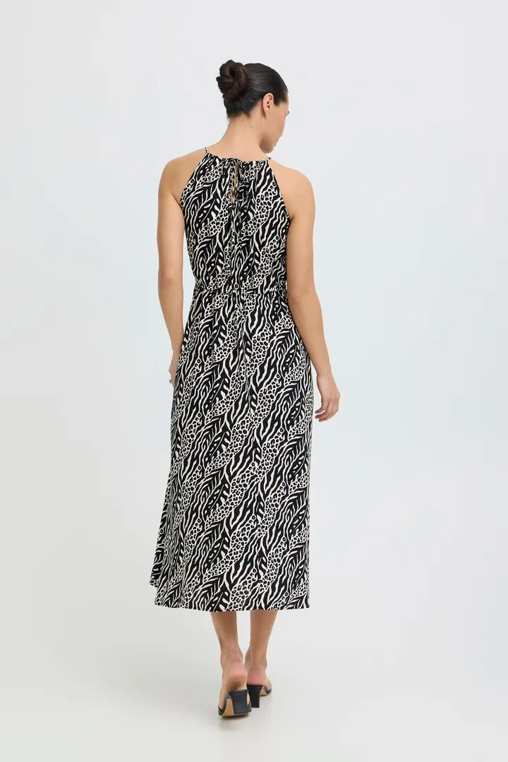 Black & Cream Print Halterneck Maxi Dress