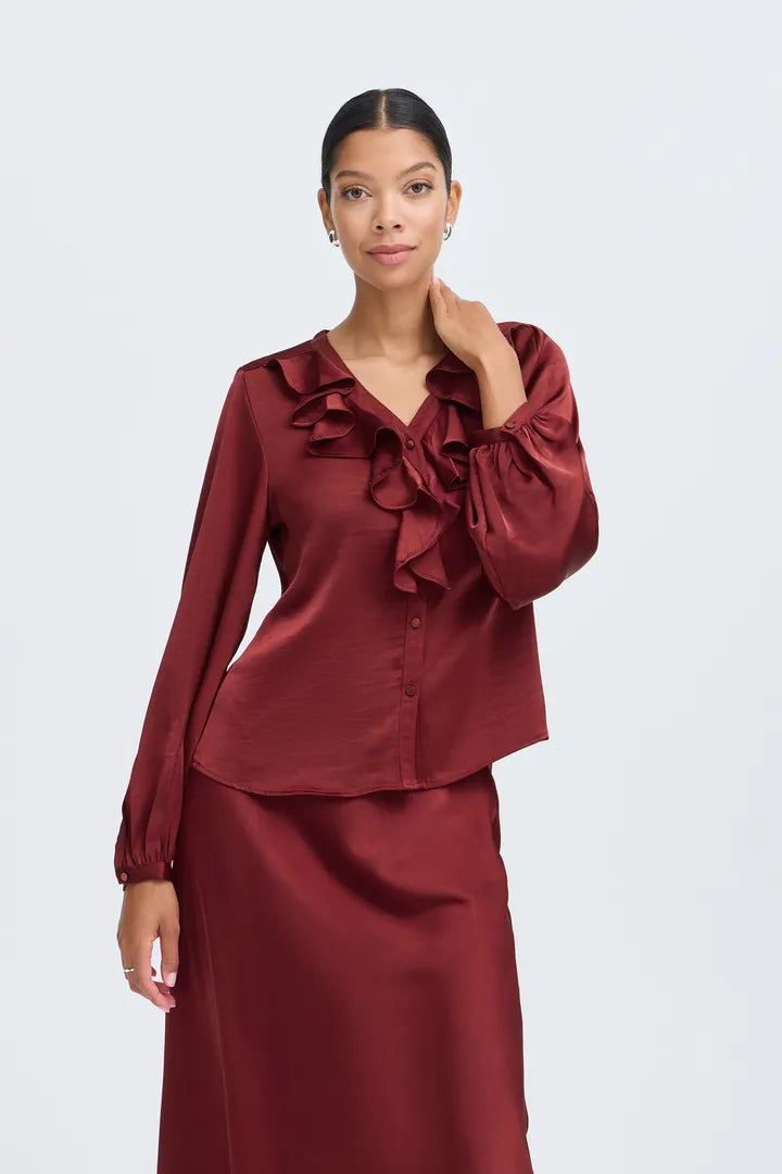 Red Yisa Ruffle Neck Blouse