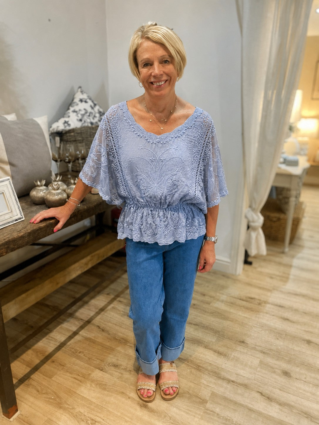 Denim Embroidered Elastic Waist top