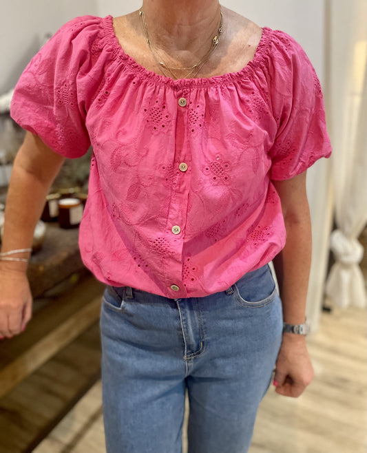 Fuschia Broderie Bardot Top