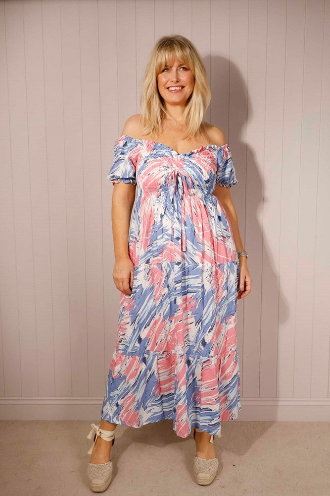 Blue Shirred Bust Frill Sleeve Blue Maxi Dress