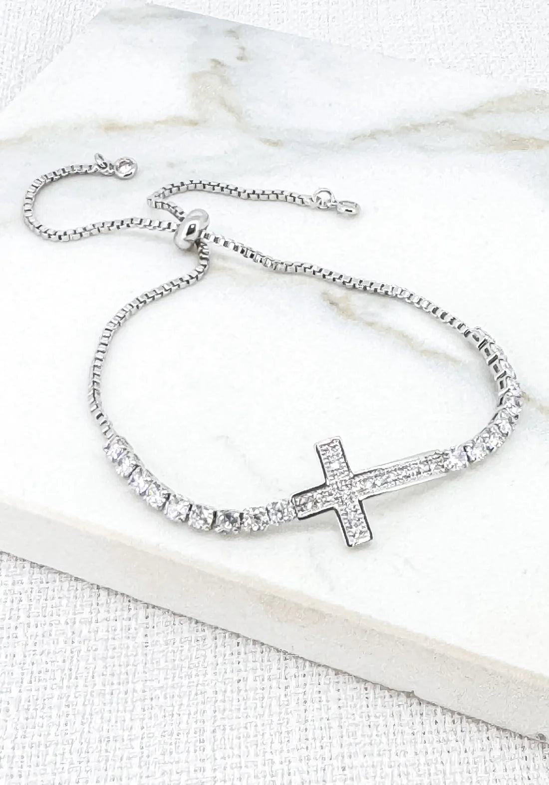 Envy Adjustable silver diamante cross bracelet