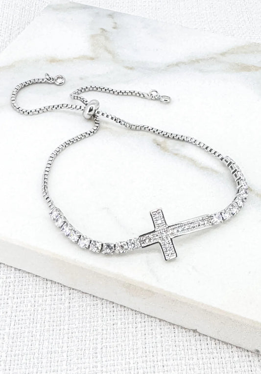 Envy Adjustable silver diamante cross bracelet