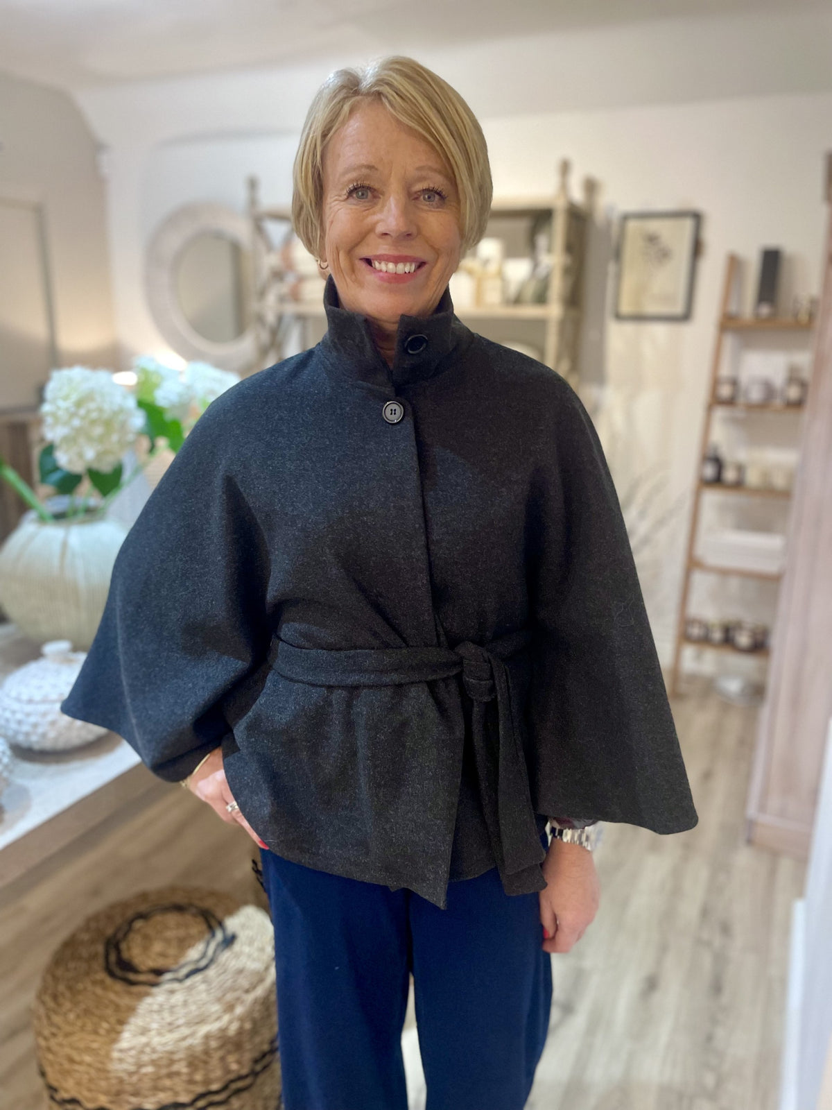 Charcoal Button Neck Belted Cape