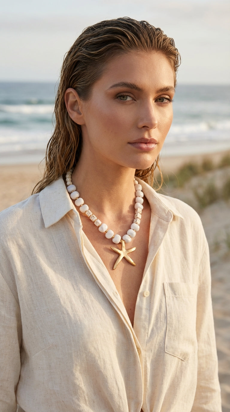 Envy Gold & White Large Bead with Gold Starfish Necklace