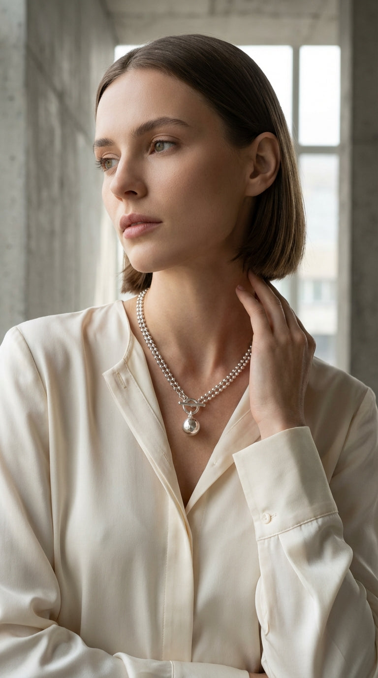 Envy Silver bead necklace with a bold silver sphere pendant