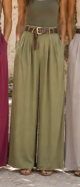 Khaki Wide Leg Belted Trousers