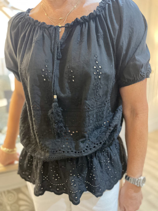 Black Broderie Anglaise Elasticated Waist Top