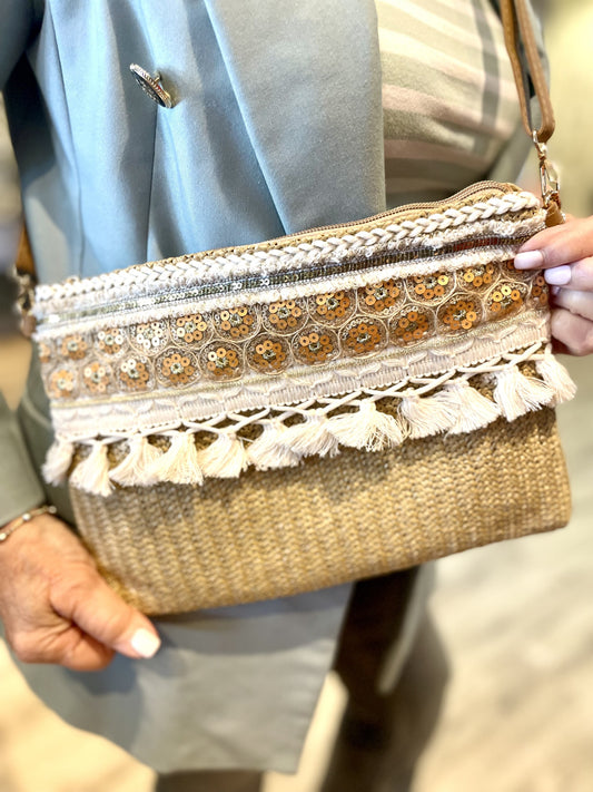 Taupe Natural Raffia with Cream Tassel Detail