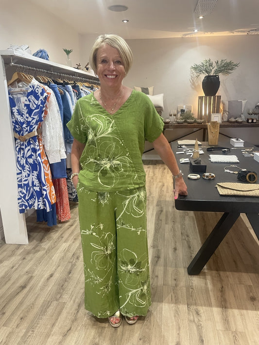 Lime Green Floral Print V Neck Linen Top