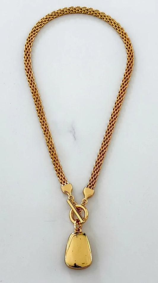 Short Gold Mesh Chain Necklace with T-Bar & Gold Pendant
