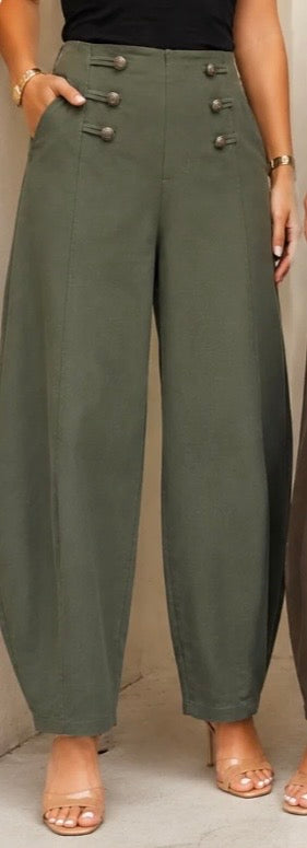 Khaki Military Button Barrel Leg Twill Trousers