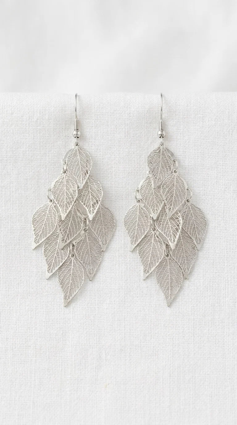 Long Silver Leaf Design Earring