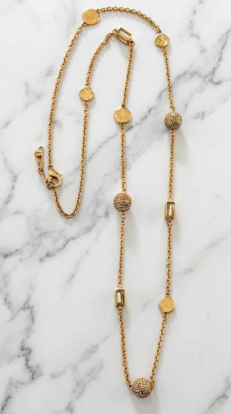 Long Gold Necklace with Diamante Ball & Square Crystal Design