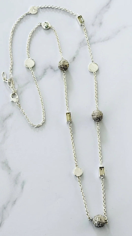 Long Silver Necklace with Diamante Ball & Square Crystal Design