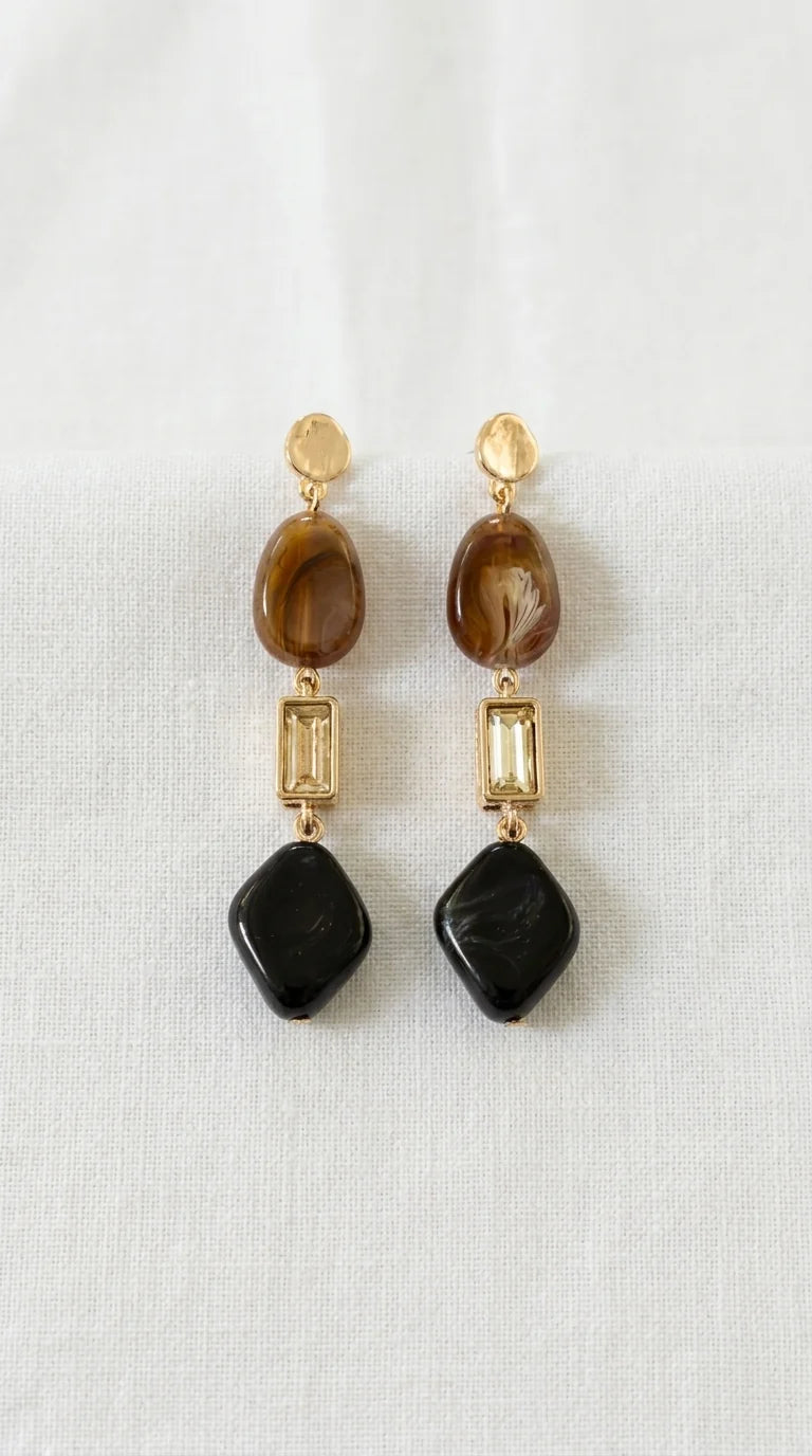 Gold, Brown, Black & Crystal Dropper Earring