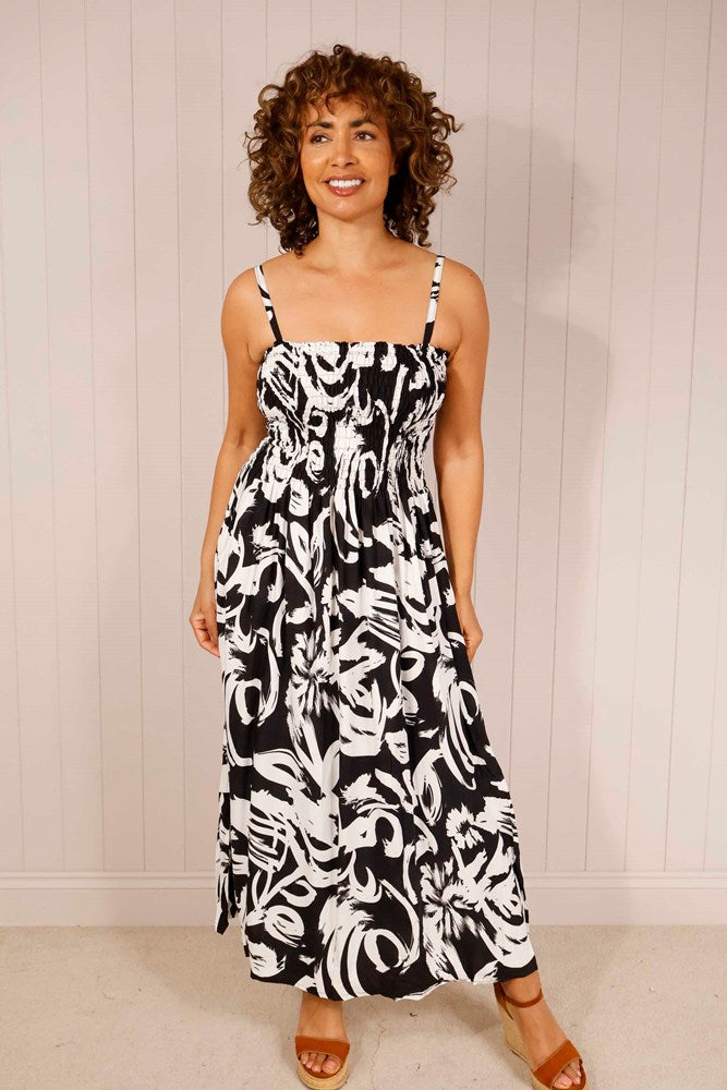 Black Cotton Shirred Bust Floral Dress