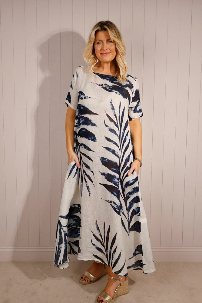 Navy Linen/Cotton Mix Leaf Print Dress