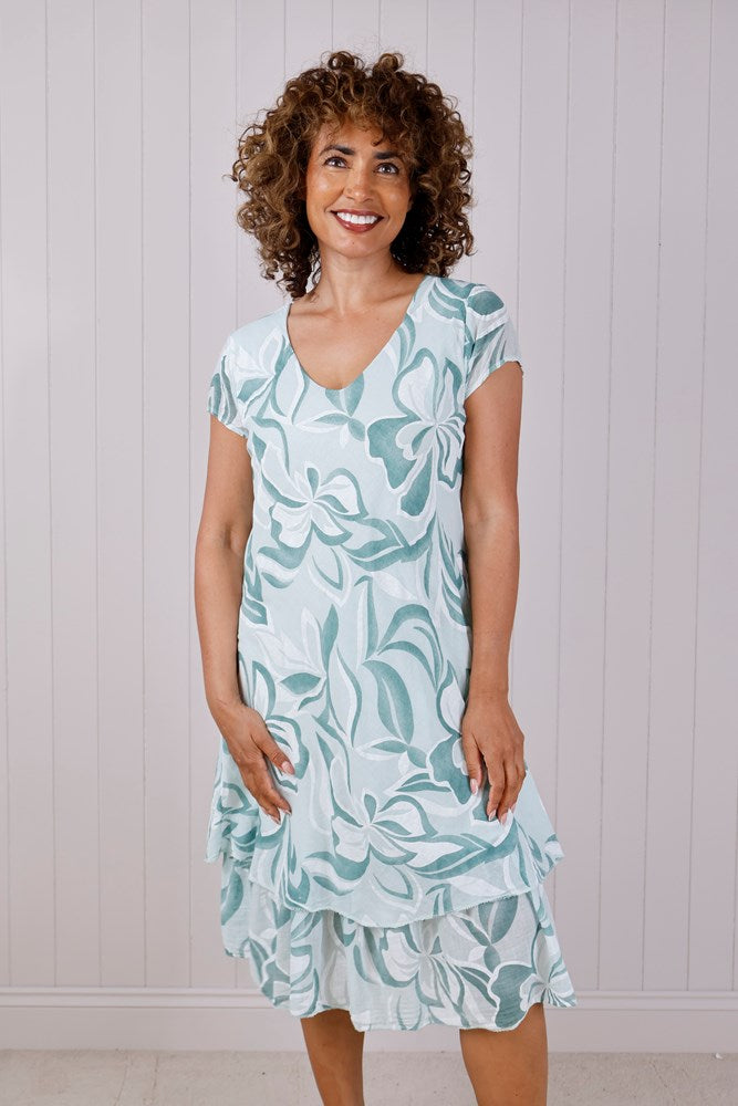 Mint Abstract Cotton Layered Midi Dress