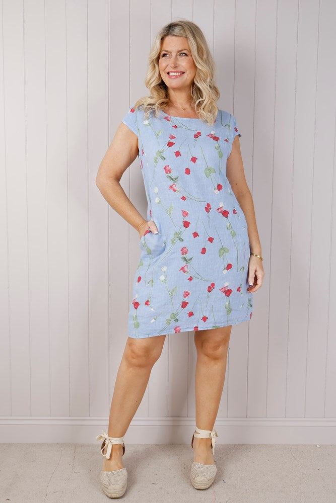 Light Blue Linen Rose Dress