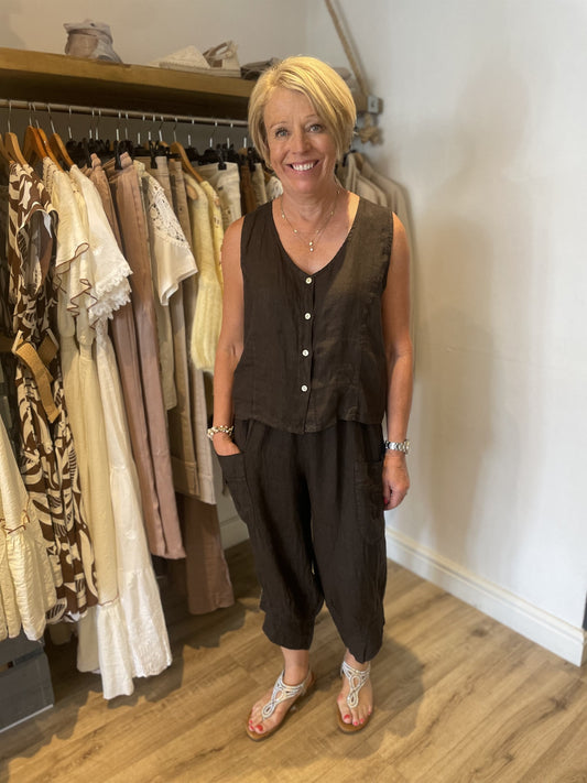 Chocolate Linen Button Waistcoat