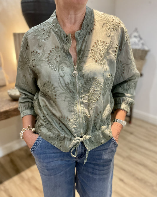 Khaki Broderie Anglaise Bomber Jacket