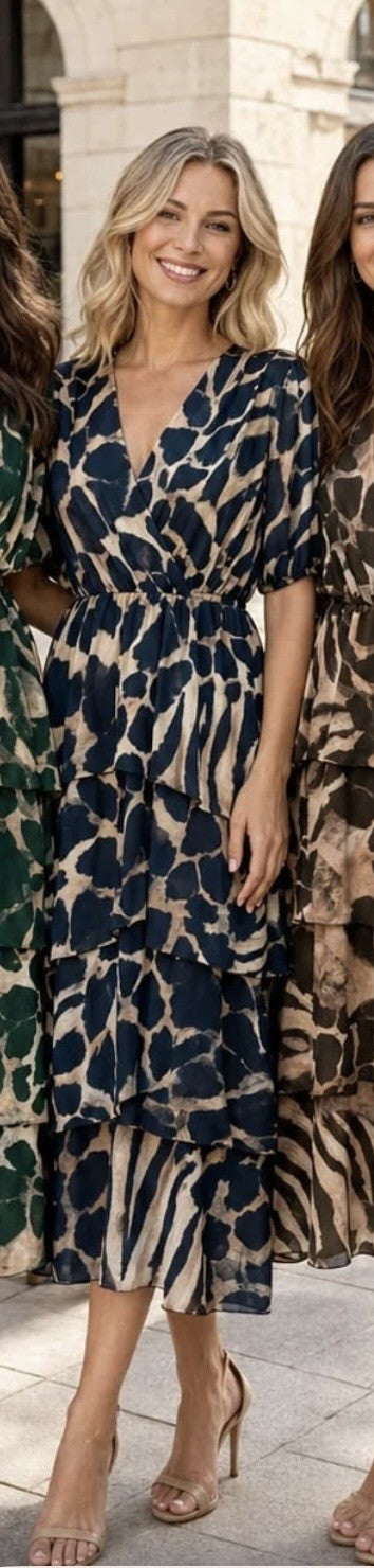 Lola Navy Short Sleeved Printed Layered Midi Dress