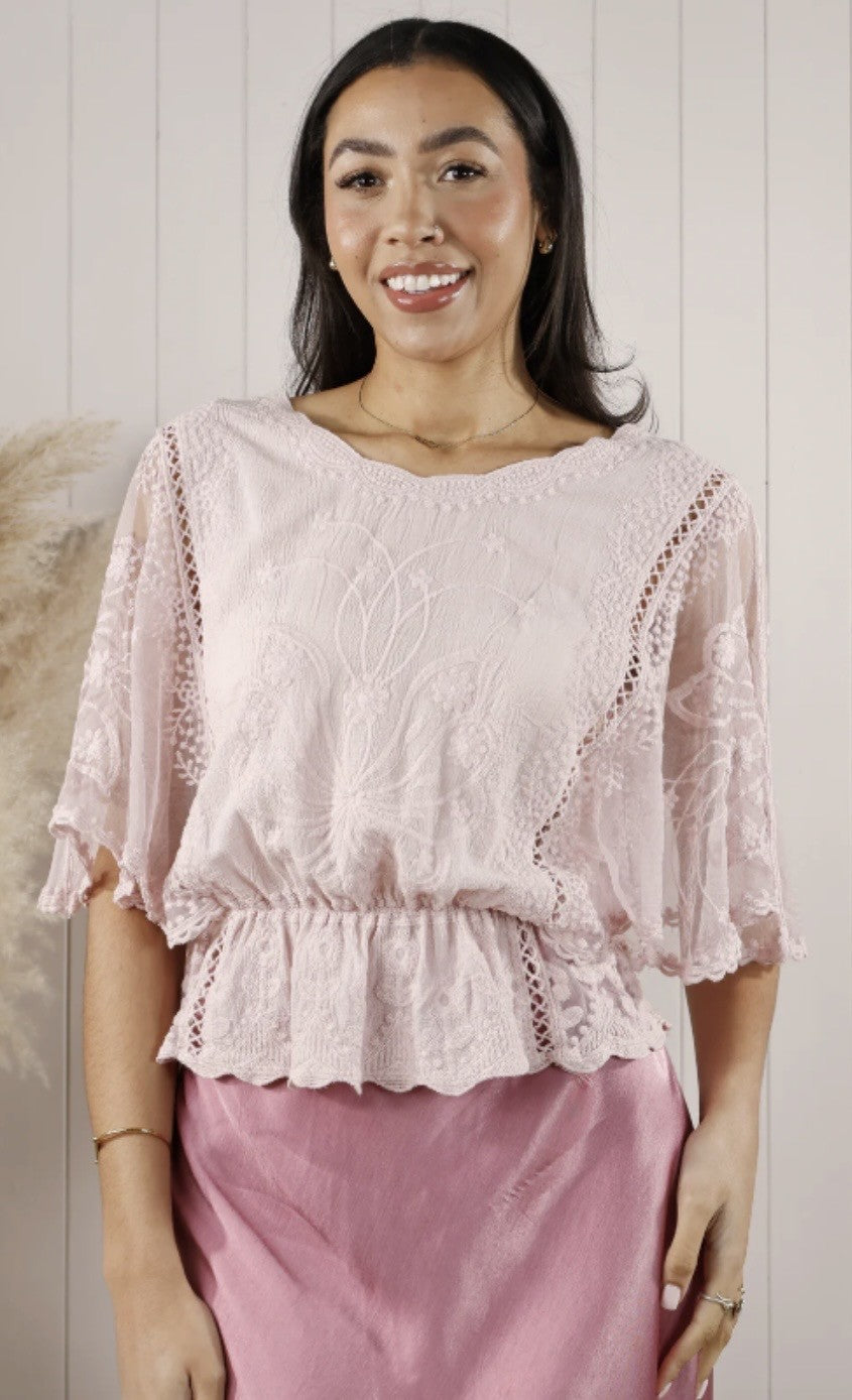 Light Pink Embroidered Elastic Waist top