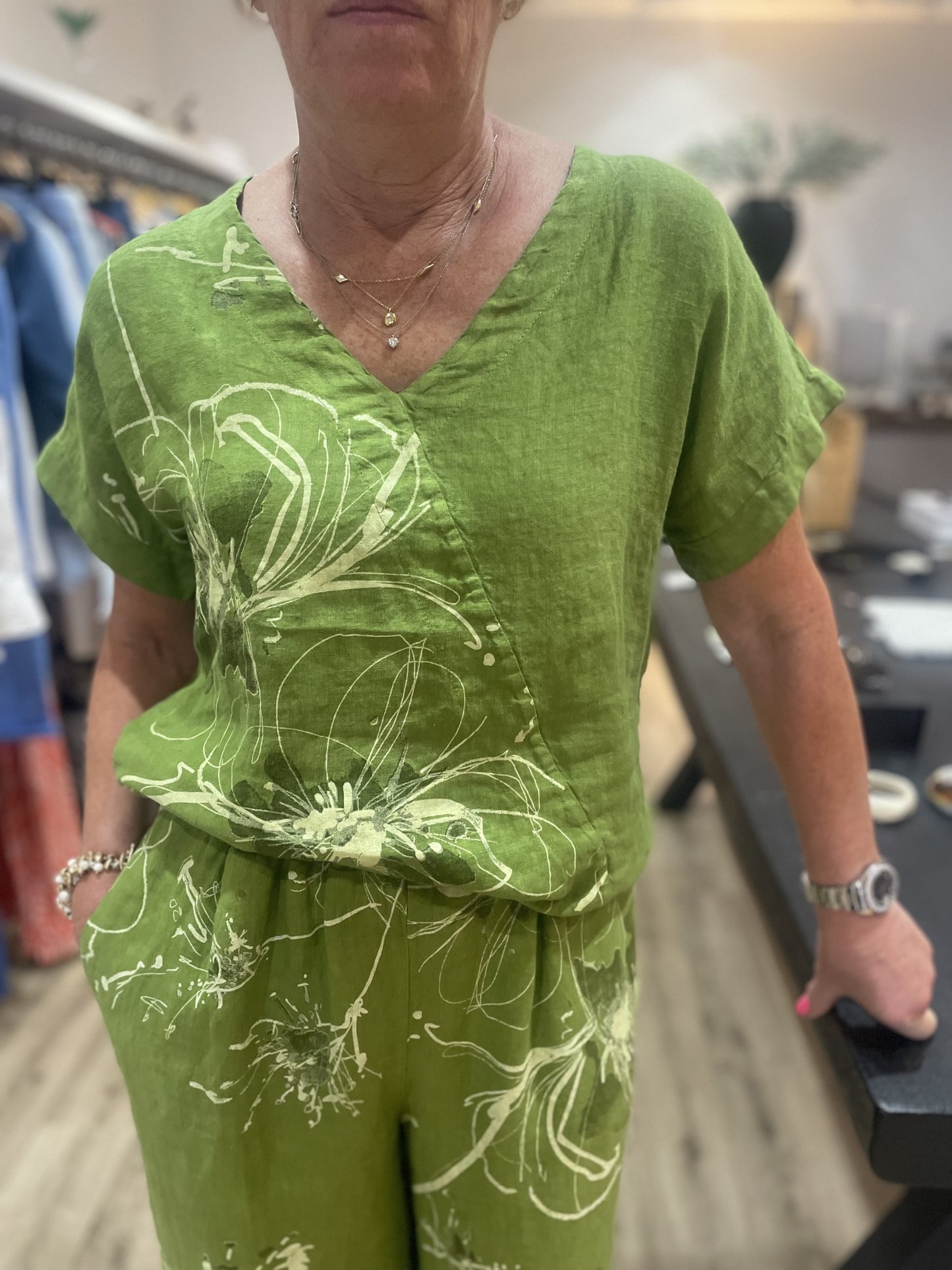 Lime Green Floral Print V Neck Linen Top