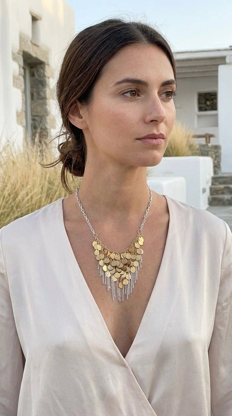 Short Silver Necklace with Small Gold Discs & Silver Chains Cluster Design