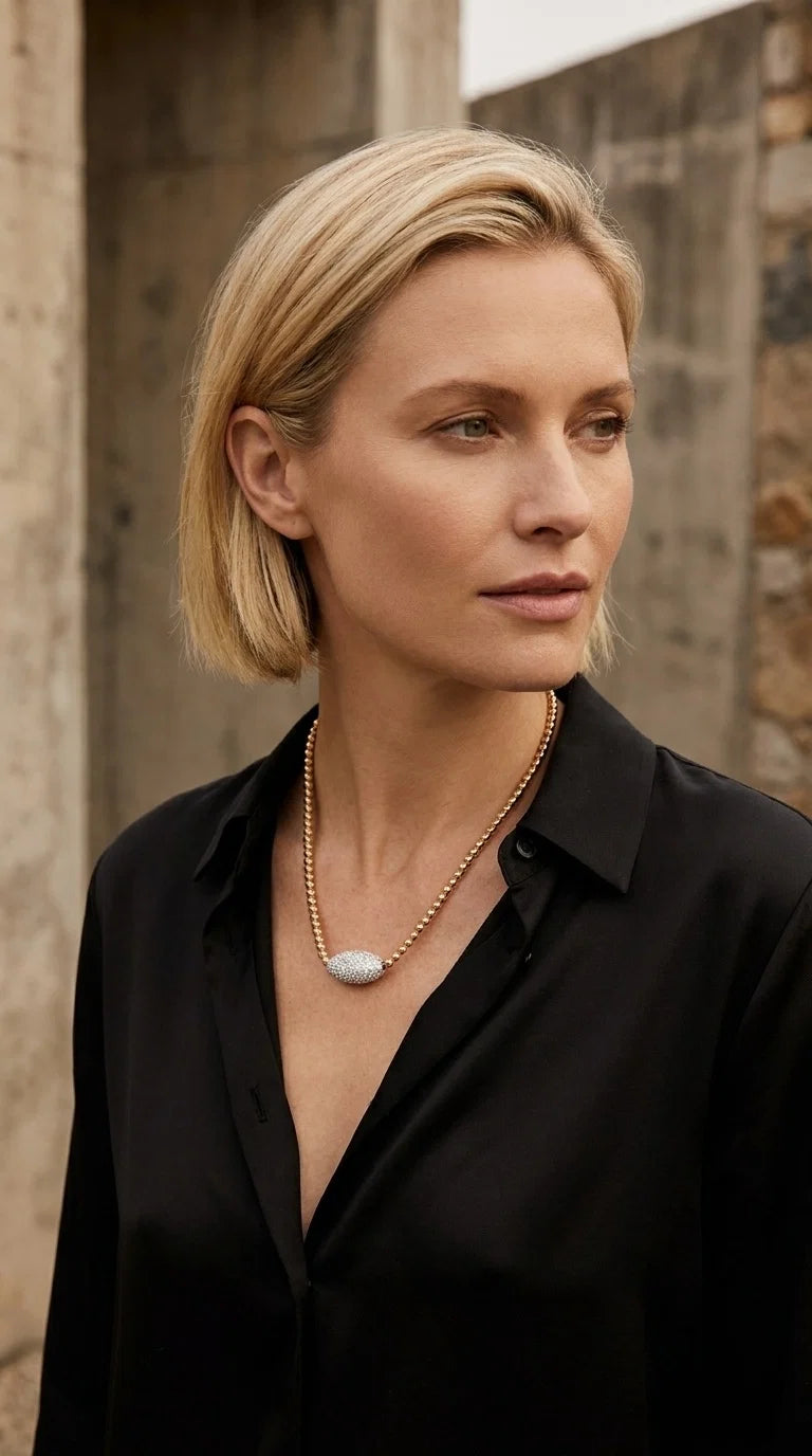 Short Gold Circle Link Necklace with Crystal Detail