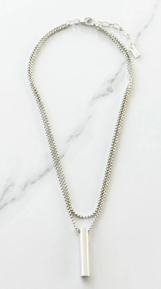 Silver Short Necklace with Silver Bar Pendant