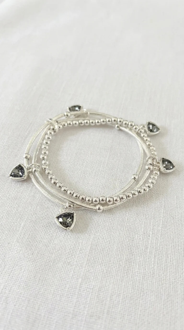 Silver Triple Layer Bracelet with Smokey Grey Crystal Charms