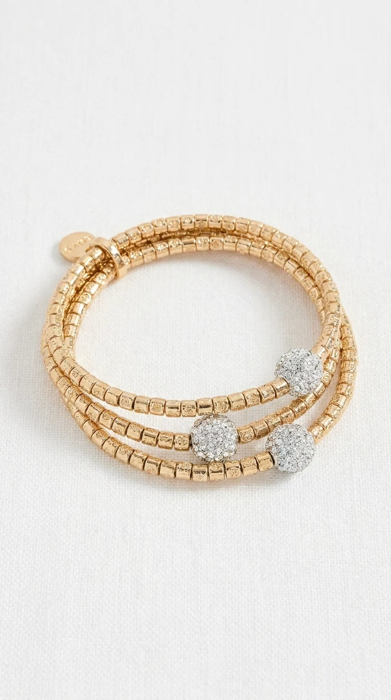 Gold Triple Layered Bracelet with Diamante Ball Design