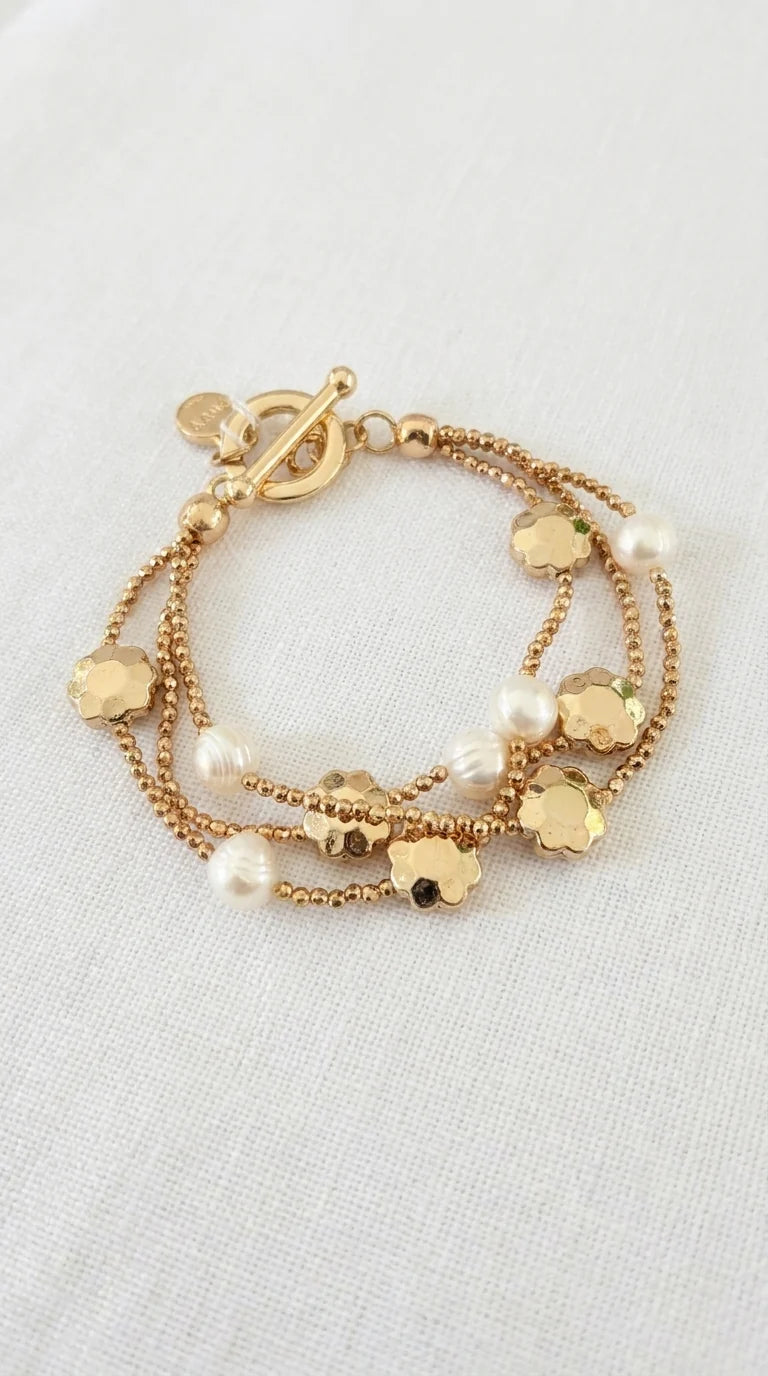 Triple Layered Gold T-Bar Bracelet with Pearl & Flower Detail