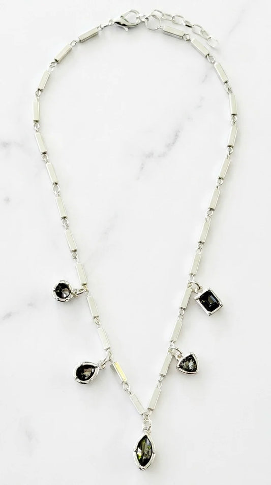 Short Silver Bar Chain Necklace with Smokey Grey Crystal Charm Pendants
