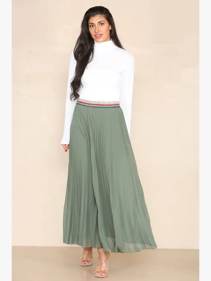 Khaki Pleated Maxi Skirt
