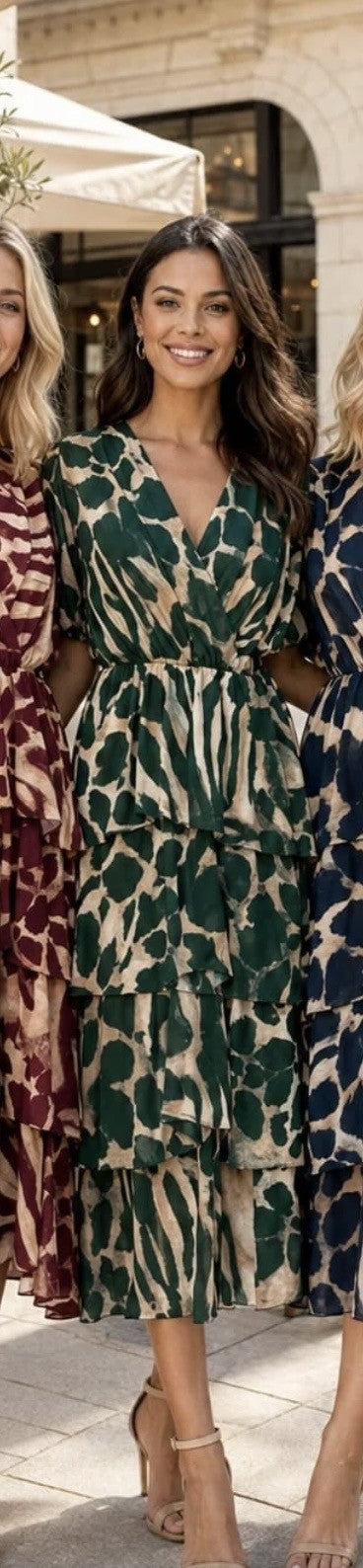 Lola Khaki Short Sleeved Printed Layered Midi Dress