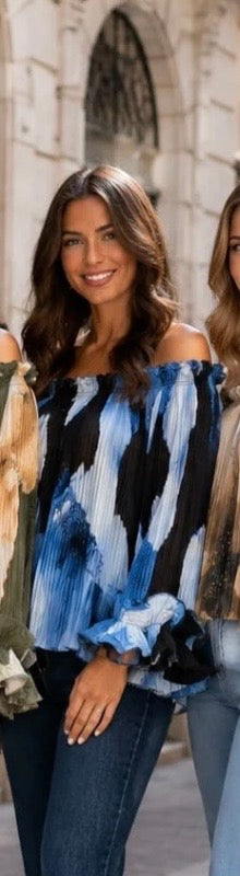 Blue & Black Printed Off The Shoulder Top