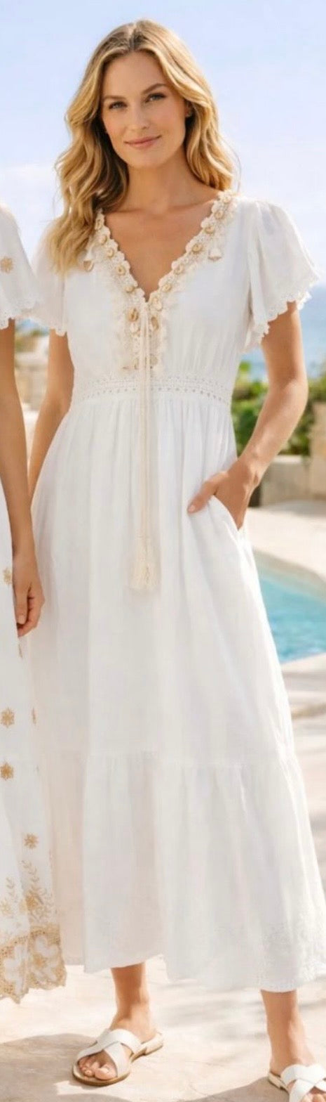 White V Neck Shell Detail Maxi Dress