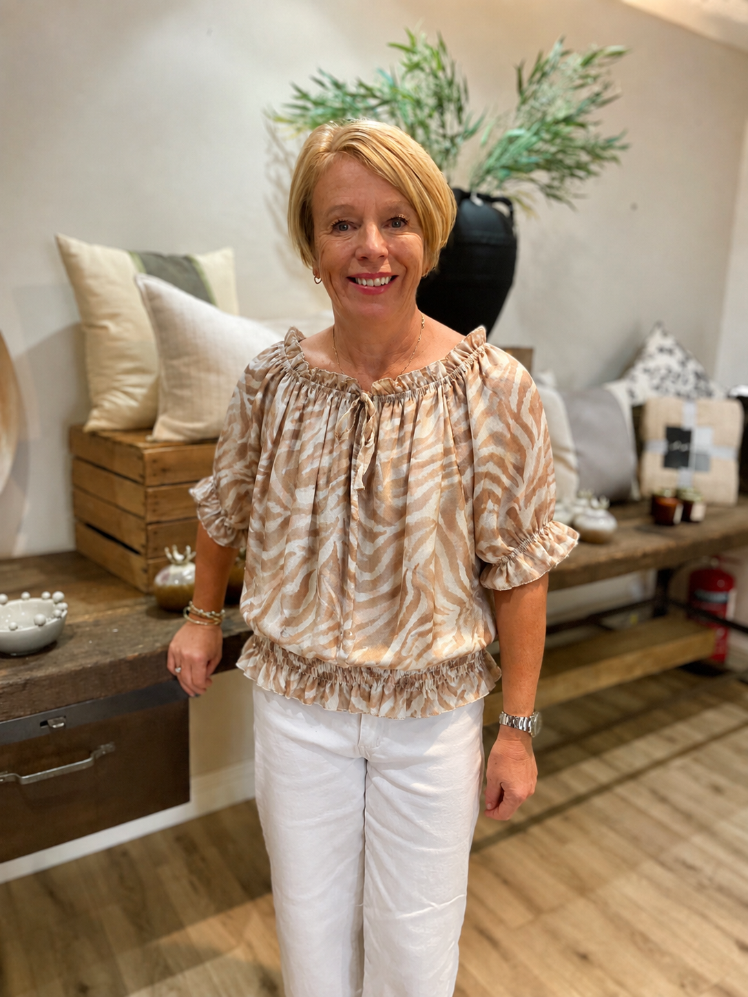 Taupe & Pink Zebra Print Bardot Top