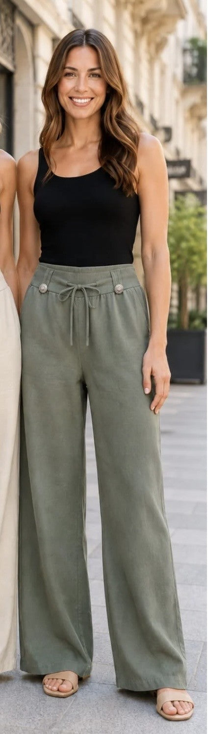 Khaki Cotton Saints Stud Wide Leg Trousers